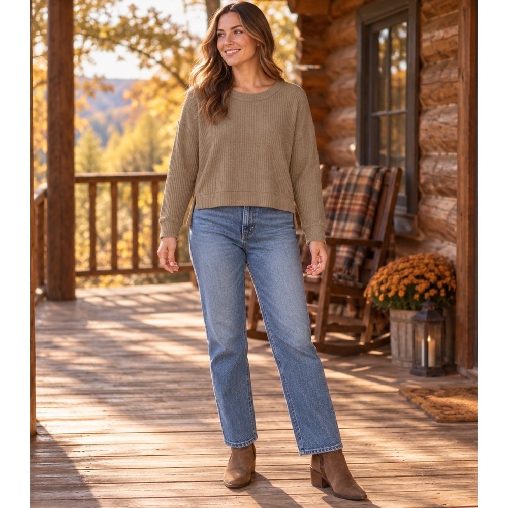 Secret Treasures Women M Brown Waffle Knit Thermal Lounge Top Cabincore